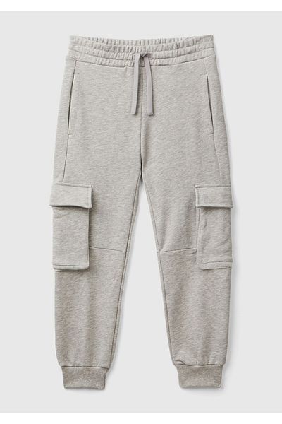 United Colors of Benetton Λεπτομερές λογότυπο Boy's Grey Melange - Φούτερ Cargo με ελαστική μέση και κορδόνια