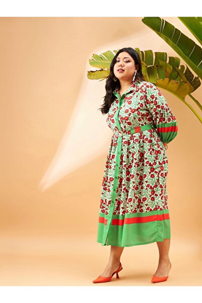 Sassafras By Styli Plus Floral Print Belted Shirt Midi Dress