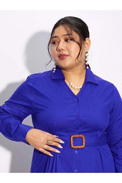 Sassafras By Styli Plus Collared Poplin Belted Shirt Dress