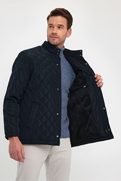 SİVAİST Мъжко тъмно синьо палто с стандартна кройка, подплатено с кожа, с яка с копчета, подплатено, с шарки