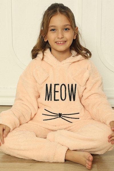 Pijamaevi Miau mintás teljes plüss lány pizsama szett - lazac
