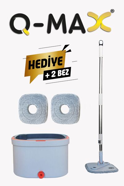 Q-MAX Kirli İle Temiz Suyu Ayıran Kare Döner Başlıklı Yedek+2 Mikrofiber Mop Bez Hediyeli Vilada Kova Seti