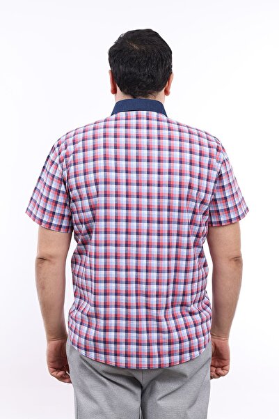 TOUSUS Men's Large Size Navy Blue-Tile Plaid Lycra Shirt with Half Placket KK-8042-TSS