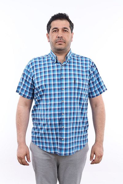 TOUSUS Ανδρικό πουκάμισο μεγάλου μεγέθους Navy Blue-Turquoise καρό Lycra με κουμπιά πέτο με κοντό μανίκι KK-8027-TSS