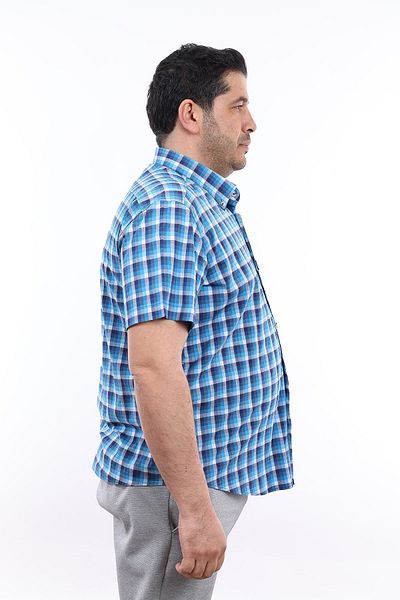 TOUSUS Ανδρικό πουκάμισο μεγάλου μεγέθους Navy Blue-Turquoise καρό Lycra με κουμπιά πέτο με κοντό μανίκι KK-8027-TSS