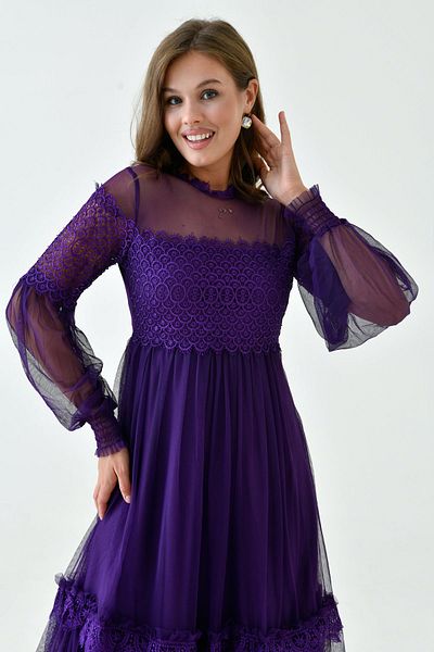 WOMAN VISION Rochie de seara rochie de dama - rochie lunga din tul cu detaliu cu nasturi din guipur si dantela 134