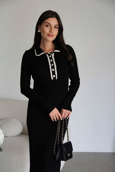 Julidress Rochie din tricot midi cu nervuri - guler polo, detaliu nasturi, maneca lunga