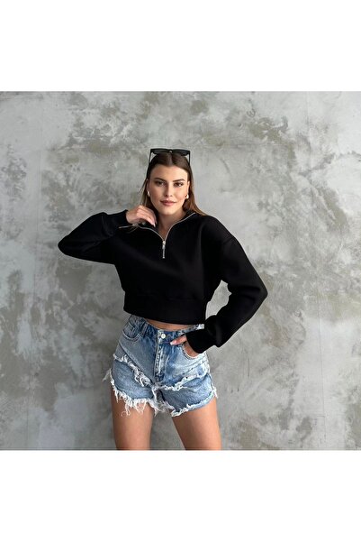 GANNHERS Kadın Siyah Yarım Fermuarlı Şardonlu Crop Sweatshirt