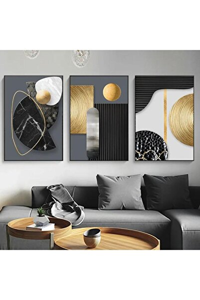 Linacci Üçlü Siyah Metal Çerçeve Gold Gri Poster Camlı Tablo Seti