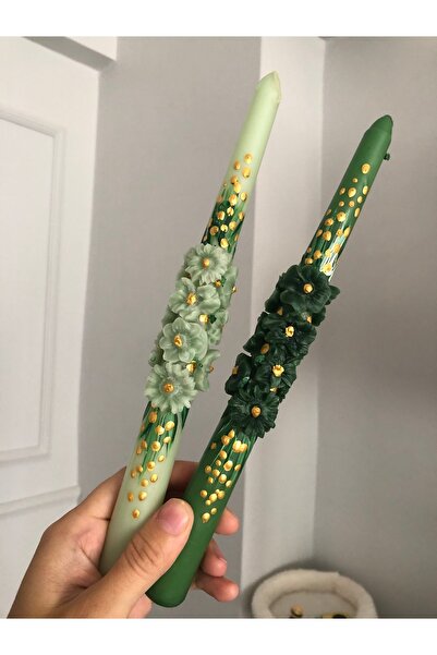 Elif Design 2’li yeşil el boyaması çiçekli papatyalı mum seti / kabartmalı bo...