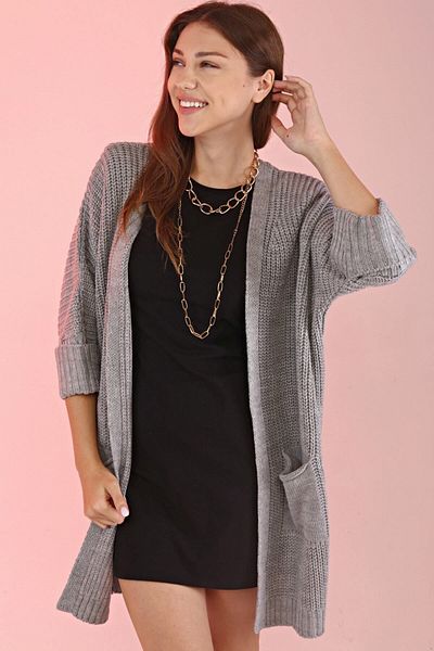 Devinka Oversize Women's Gray Long Pocket Knitwear Cardigan