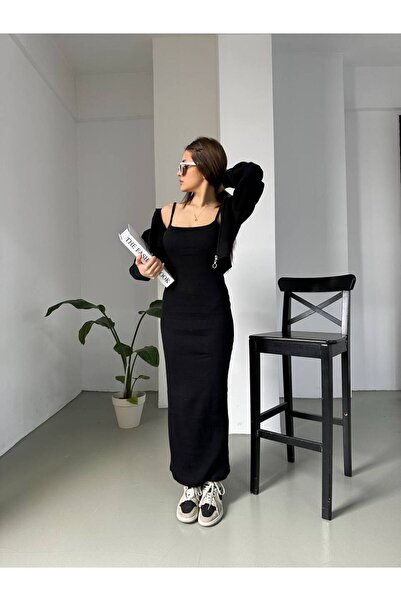 YONEZ MODA Set rochie cu nervuri și cardigan crop