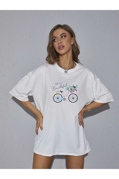 Pink Sky Tricou oversize pentru femei cu imprimeu Bike