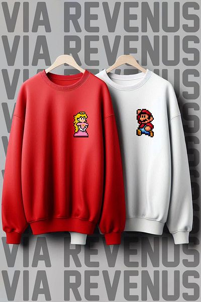 Vordevia Mario and Princess Patterned - 3 Thread Lover Wide Fit Sweatshirt