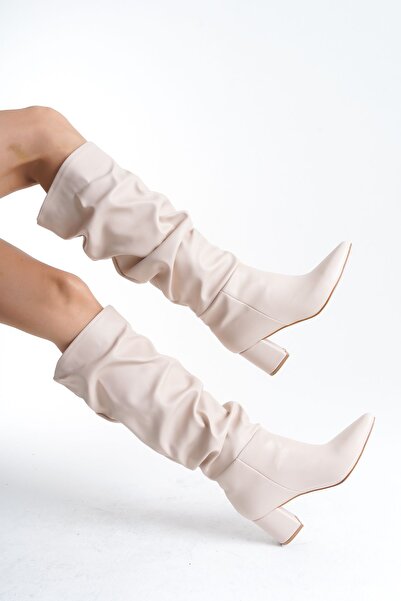 SEEM & BE حذاء نسائي باللون البيج - منفاخ وكعب سميك ومقدمة مدببة