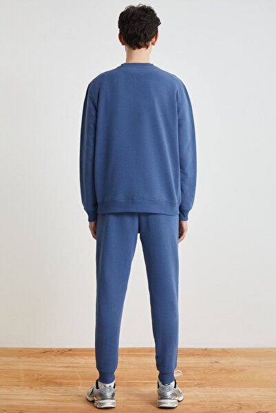 GRIMELANGE Walfred Men's 100% Organic Cotton 3 Thread Ribbed Free Front Ribbed Navy Blue Sweatpants