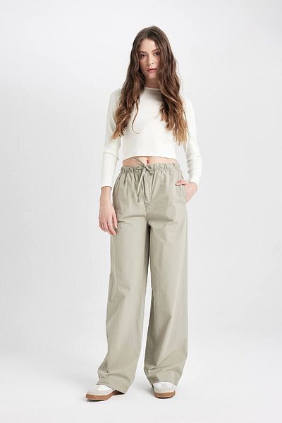 DeFacto Cool Straight Fit Poplin Pants with Straight Pockets and Elastic Waist Lace D3764Ax24Au