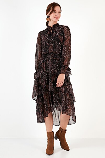 Lela Regular Fit Yaka Detaylı Volanlı Şifon Midi Elbise ELBİSE 611EL1448