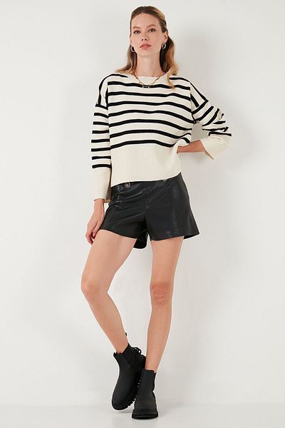 Lela Relaxed Fit Striped Front Short Back Long Sweater Pullover 4616174