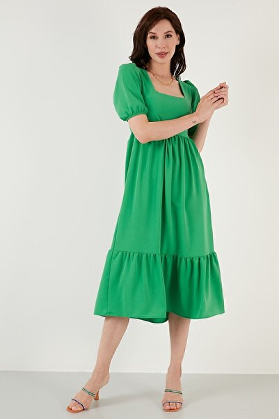 Lela Rahat Kalıp Kare Yaka Volanlı Uzun Elbise