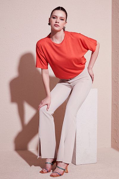 Lela Crew Neck Oversize Stretchy Textured Blouse BLUZ5864528