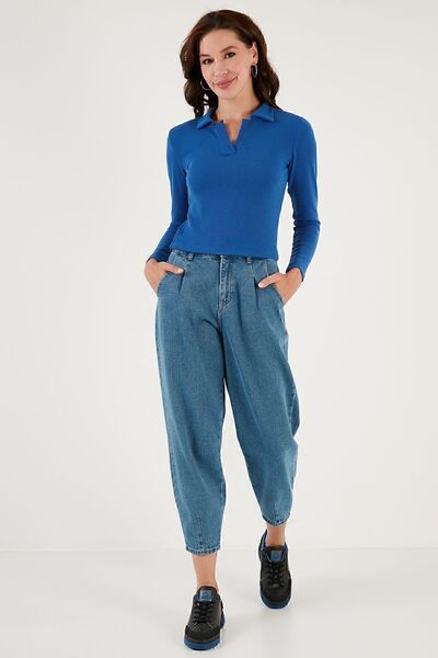 Lela Μπλούζα με ριμπ πόλο λαιμόκοψη από ζαρωμένο ύφασμα BLUZ 5865448