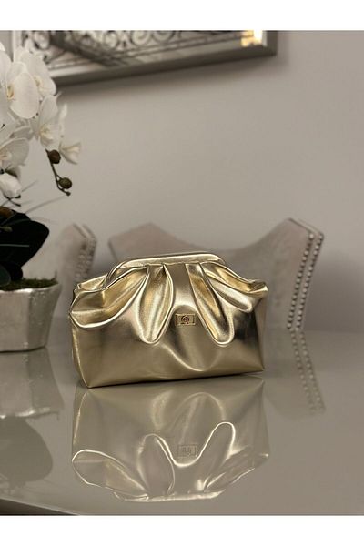 mossi Women's Gold Color Shiny Faux Leather Strap Clutch Daily and Evening Dress Bag