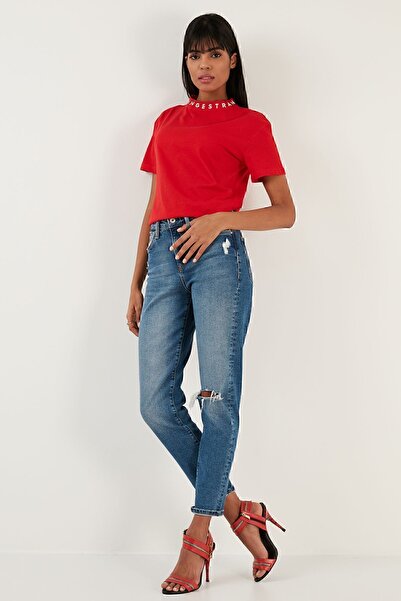 Lela Πλεκτό μπλουζάκι με εμπριμέ γιακά με λαιμόκοψη Βασικό πλεκτό5864054