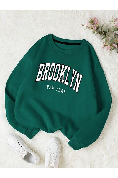 MODARİCH Brooklyn Ny Oversize Printed Χοντρό Χειμερινό Φούτερ - Nefti Green, Crew Neck
