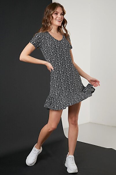 Lela Çiçekli Yuvarlak Yaka Fırfır Detaylı Mini Elbise