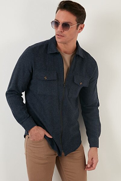 Buratti Men's Navy Blue Double Pocket Zippered Slim Fit Winter Shirt Cf21w112925
