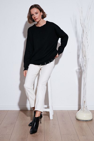 Lela Pulover de tricotaj cu gât crew - Pulover cu detaliu rupt 4616167