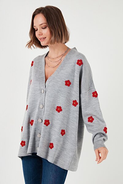 Lela М'яка акрилова кофта з V-подібним коміром і квітковим принтом - Oversize Fit КОФТА 4616192