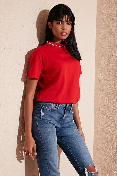 Lela Printed Collar Crew Neck Basic Knitted T-Shirt5864054