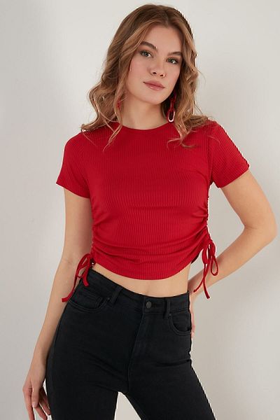 Lela Side Gathered Short Sleeve Crop Camisole Blouse Blouse 5864010