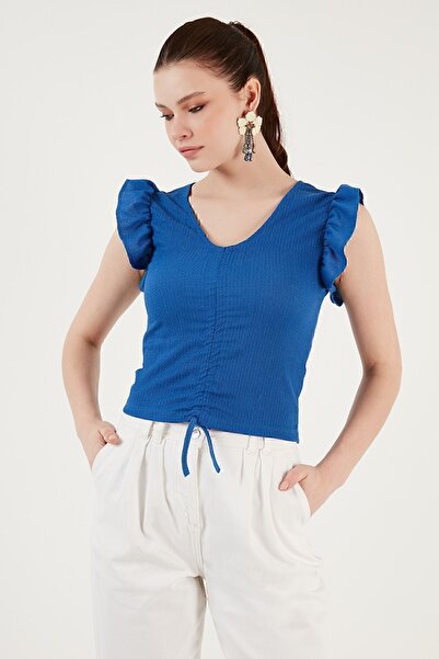 Lela Μπλούζα με λεπτή εφαρμογή Crop με λεπτομέρεια με βολάν στα μανίκια BLUZ 5865015