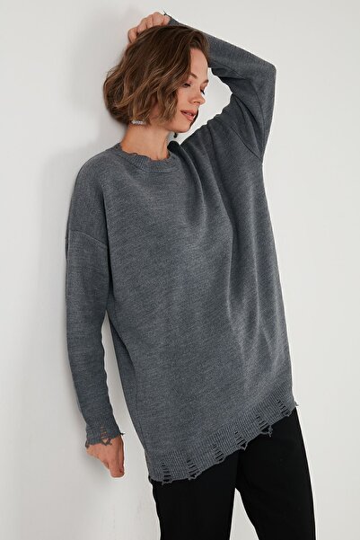 Lela Pulover din tricotaj cu guler rotund - Pulover cu detaliu rupt 4616167