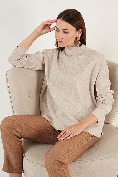 Lela Pulover de damă, bej, cu spatele lung, din bumbac, cu guler înalt 4615002