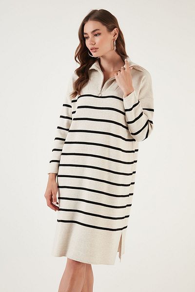 Lela Slit Detailed Striped Knitwear Dress - Half Zipper Dress 4615183