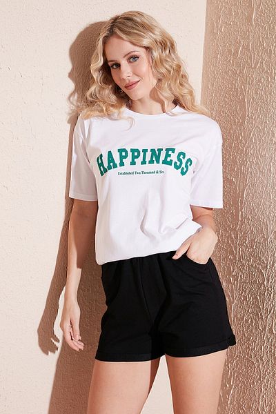 Lela Tricou Imprimat Bumbac Oversize Decolteu Crew Tricou 541HAPPINESS