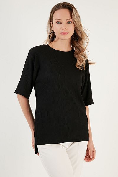 Lela Crew Neck Slit Detailed Wrapped Fabric Blouse BLUZ5865365