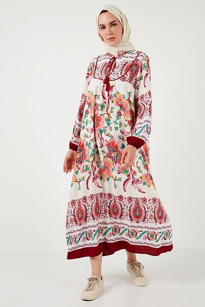 Lela Modest Patterned Regular Fit Tied V-Neck Maxi Dress 611el510