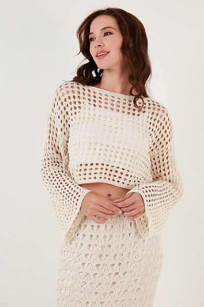 Lela Spanish Sleeve Openwork Knitted Crop Sweater SWEATER 6071564