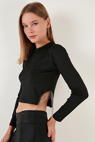 Lela Slim Fit Bisiklet Yaka Yanı Zincirli Crop Bluz BLUZ 5865398