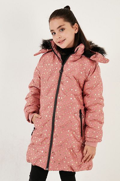 Lela Faux Fur Collar Star Pattern Removable Hooded Plush Lined Winter Coat Girls' M