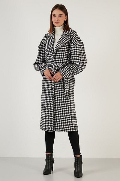 Lela Houndstooth Patterned Belted Pocket Oversize Long Coat 611mnt06