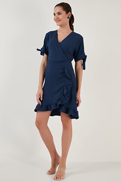 Lela Fırfırlı Kruvaze Yaka Kısa Kollu Krinkıl Esnek Elbise Elbise 5865016