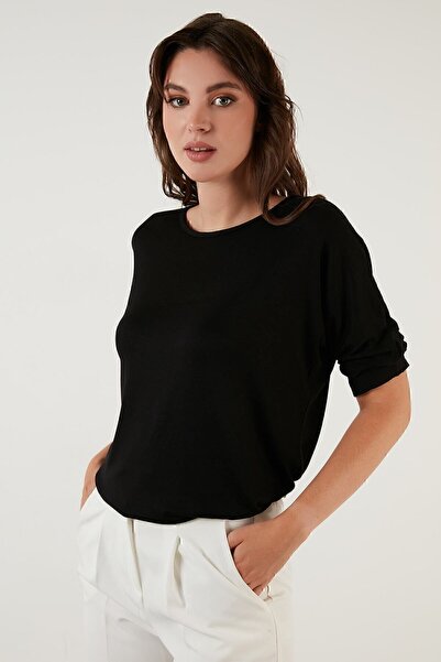 Lela Γυναικεία μαύρη μπλούζα με λαιμόκοψη τριών τετάρτων 5863589