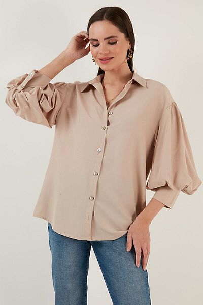 Lela قميص قطني منسوج بأكمام كبيرة الحجم 6234783