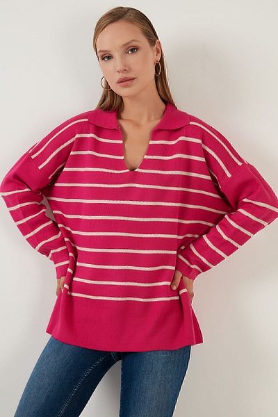 Lela Pulover cu decolteu confortabil cu dungi polo tricotaj pulover 63622594